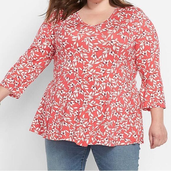Lane Bryant V-Neck‎ Fit & Flare Top in Coral Opal Vines - Picture 1 of 6